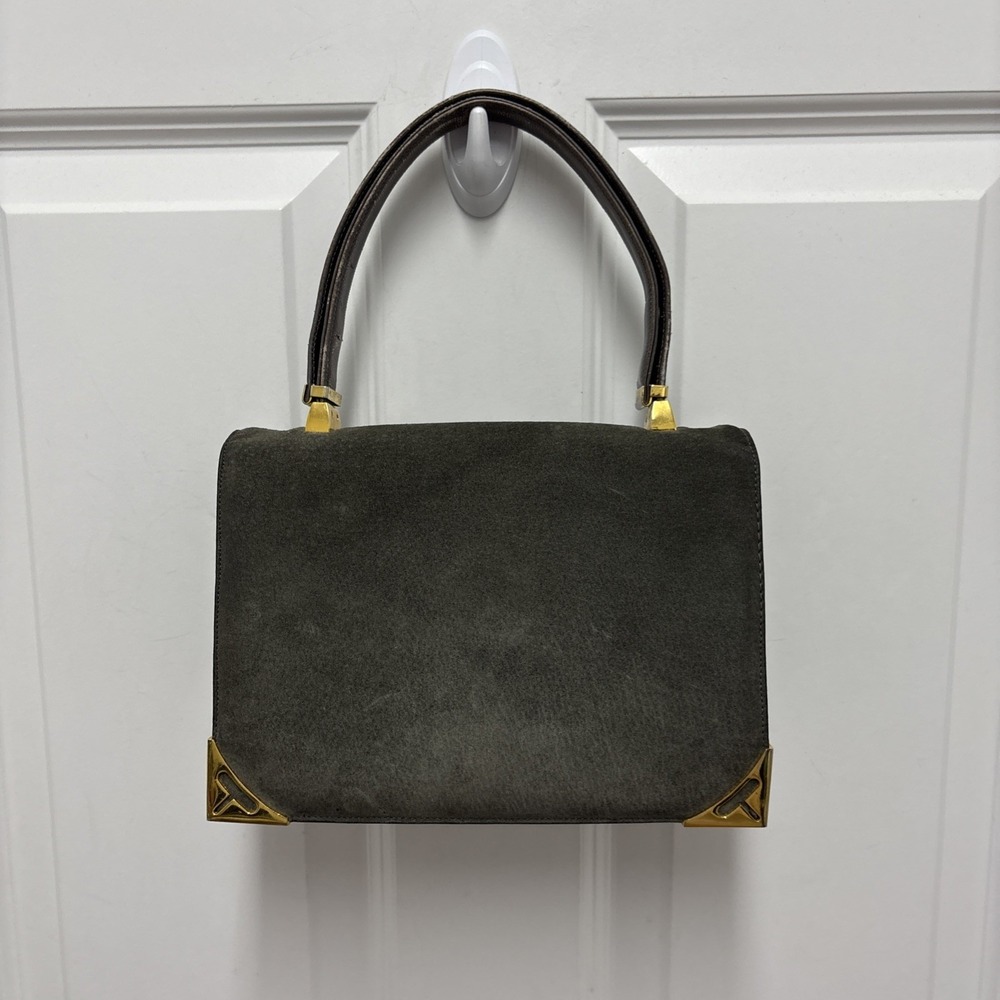 Koret Vintage Gray Neutral Suede‎ Evening Gold Accent Top Handle Handbag